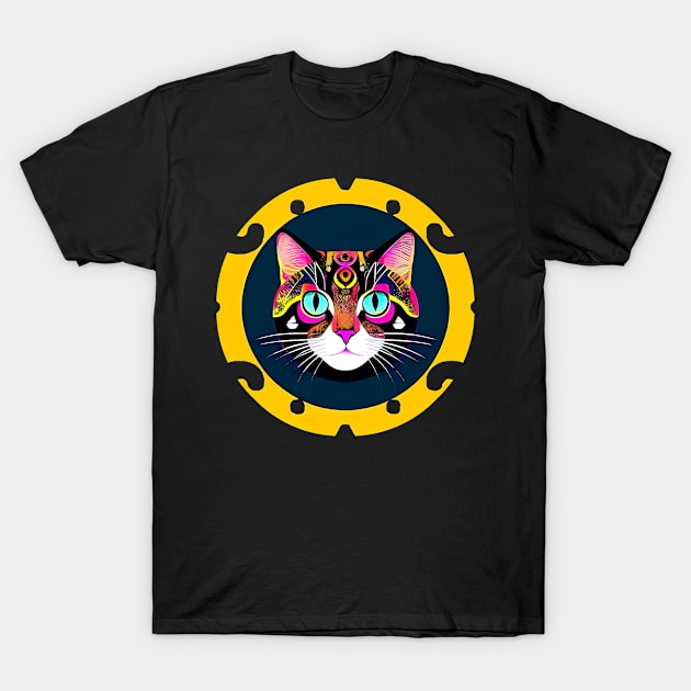 Portrait Of A Hippie Cat Face. Decorative Round Geometric Frame T-Shirt by funfun